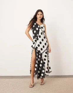 ARRANGE Contrast Fabric Cami Maxi Dress With Hanky Hem In Colourblock Spot Print For Women -ARANG Clothing Shop 206174459 1 colourblockspot 1