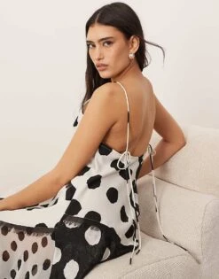 ARRANGE Contrast Fabric Cami Maxi Dress With Hanky Hem In Colourblock Spot Print For Women -ARANG Clothing Shop 206174459 4