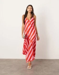 ARRANGE Contrast Fabric Cami Midi Dress With Hanky Hem In Colour Block Stripe For Women -ARANG Clothing Shop 206174470 4