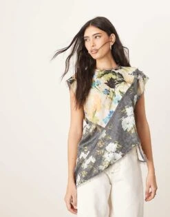 ARRANGE Asymmetric Top With Colourblock Detail In Floral Print For Women Colourblock Floral