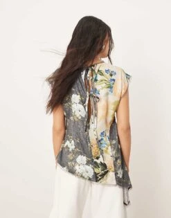 ARRANGE Asymmetric Top With Colourblock Detail In Floral Print For Women Colourblock Floral -ARANG Clothing Shop 206550485 4