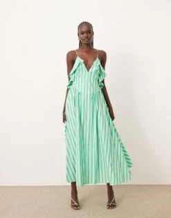 ARRANGE Cotton Frill Detail Midi Dress With Open Back In Green Stripe Print For Women Green White Stripe