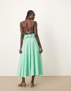 ARRANGE Cotton Frill Detail Midi Dress With Open Back In Green Stripe Print For Women Green White Stripe -ARANG Clothing Shop 206670110 3