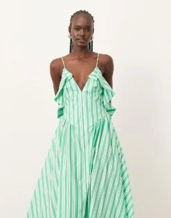 ARRANGE Cotton Frill Detail Midi Dress With Open Back In Green Stripe Print For Women Green White Stripe -ARANG Clothing Shop 206670110 4