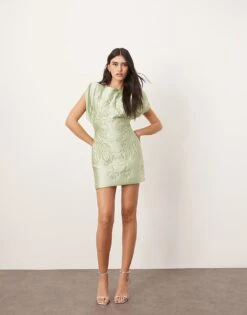 ARRANGE Embroidered Satin Quilted Mini Dress In Sage For Women Dark Sage