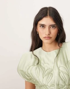 ARRANGE Embroidered Satin Quilted Mini Dress In Sage For Women Dark Sage -ARANG Clothing Shop 206831789 3