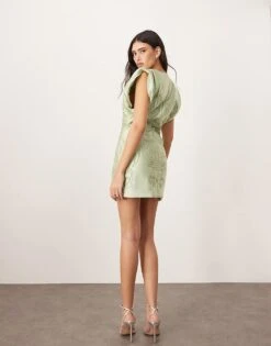 ARRANGE Embroidered Satin Quilted Mini Dress In Sage For Women Dark Sage -ARANG Clothing Shop 206831789 4