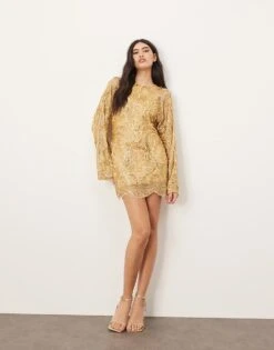 ARRANGE Embellished Contour Bead Wide Sleeve Mini Dress In Gold For Women -ARANG Clothing Shop 206845037 1 gold 1