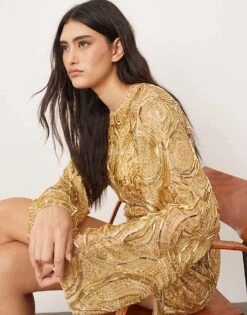 ARRANGE Embellished Contour Bead Wide Sleeve Mini Dress In Gold For Women -ARANG Clothing Shop 206845037 3