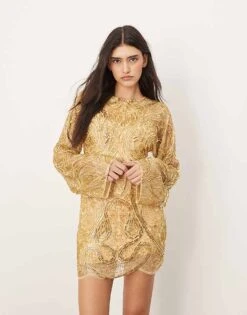ARRANGE Embellished Contour Bead Wide Sleeve Mini Dress In Gold For Women -ARANG Clothing Shop 206845037 4