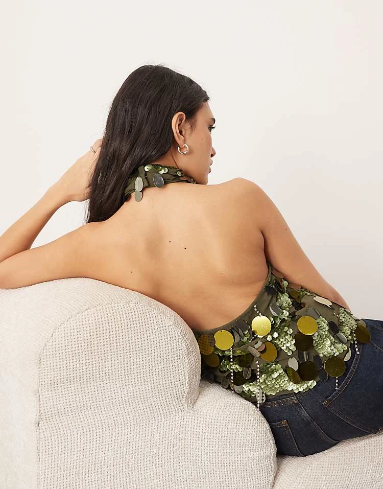 ARRANGE Embellished Sequin And Fringe Halter Cowl Neck Top In Dark Khaki For Women 4 ARRANGE Embellished Sequin And Fringe Halter Cowl Neck Top In Dark Khaki For Women - Image 2