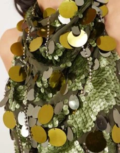 ARRANGE Embellished Sequin And Fringe Halter Cowl Neck Top In Dark Khaki For Women 9 ARRANGE Embellished Sequin And Fringe Halter Cowl Neck Top In Dark Khaki For Women -ARANG Clothing Shop 206845088 3