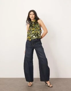 ARRANGE Embellished Sequin And Fringe Halter Cowl Neck Top In Dark Khaki For Women 10 ARRANGE Embellished Sequin And Fringe Halter Cowl Neck Top In Dark Khaki For Women -ARANG Clothing Shop 206845088 4