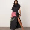 ARRANGE Embroidered Floral Asymmetric Maxi Dress In Black For Women