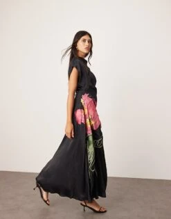 ARRANGE Embroidered Floral Asymmetric Maxi Dress In Black For Women -ARANG Clothing Shop 206945900 3