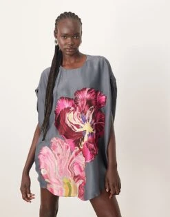 ARRANGE Distorted Floral Embroidered Cocoon Mini Dress In Charcoal For Women -ARANG Clothing Shop 206945920 1 charcoal 1