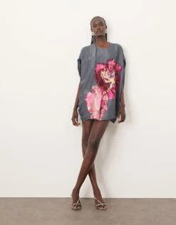 ARRANGE Distorted Floral Embroidered Cocoon Mini Dress In Charcoal For Women -ARANG Clothing Shop 206945920 3