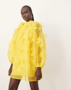 ARRANGE Organza Applique Floral High Neck Trapeze Mini Dress In Yellow For Women