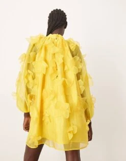 ARRANGE Organza Applique Floral High Neck Trapeze Mini Dress In Yellow For Women -ARANG Clothing Shop 206945940 4