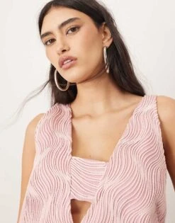 ARRANGE Wave Textured Plunge Mini Dress In Baby Pink For Women -ARANG Clothing Shop 206946072 3