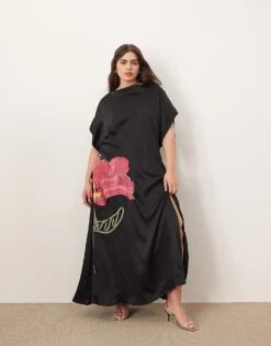 ARRANGE Curve Embroidered Floral Asymmetric Midi Dress In Black For Women -ARANG Clothing Shop 206946121 1 black 1