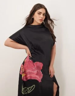 ARRANGE Curve Embroidered Floral Asymmetric Midi Dress In Black For Women -ARANG Clothing Shop 206946121 2