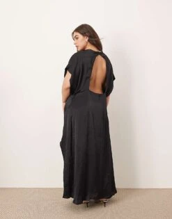 ARRANGE Curve Embroidered Floral Asymmetric Midi Dress In Black For Women -ARANG Clothing Shop 206946121 4