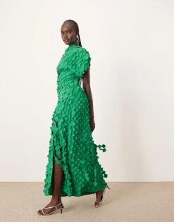 ARRANGE Textured Laser Cut Midi Dress With Split In Green For Women Dark Green -ARANG Clothing Shop 206946143 1 darkgreen 1