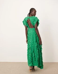 ARRANGE Textured Laser Cut Midi Dress With Split In Green For Women Dark Green -ARANG Clothing Shop 206946143 3