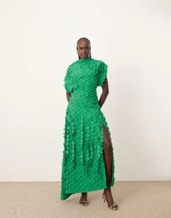 ARRANGE Textured Laser Cut Midi Dress With Split In Green For Women Dark Green -ARANG Clothing Shop 206946143 4