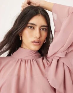 ARRANGE Chiffon High Neck Ultimate Ruffle Blouse In Dusky Pink For Women -ARANG Clothing Shop 207011304 3