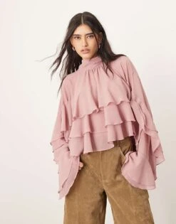 ARRANGE Chiffon High Neck Ultimate Ruffle Blouse In Dusky Pink For Women -ARANG Clothing Shop 207011304 4