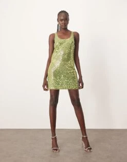 ARRANGE Embellished Sheer Metal Look Raw Edge Vest Mini Dress In Lime For Women -ARANG Clothing Shop 207034956 3