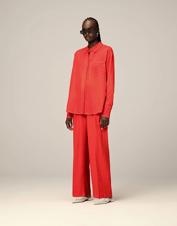 ARRANGE Oversized Contrast Stitch Shirt And Trouser Co-ord In Red 3 ARRANGE Oversized Contrast Stitch Shirt And Trouser Co-ord In Red
