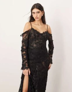 ARRANGE Lace Embroidered Cold Shoulder Maxi Dress With Split In Black For Women -ARANG Clothing Shop 207066592 1 black 1