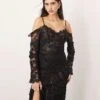 ARRANGE Lace Embroidered Cold Shoulder Maxi Dress With Split In Black For Women -ARANG Clothing Shop 207066592 1 black