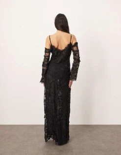 ARRANGE Lace Embroidered Cold Shoulder Maxi Dress With Split In Black For Women -ARANG Clothing Shop 207066592 2