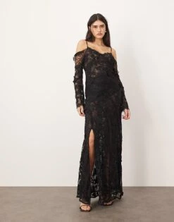 ARRANGE Lace Embroidered Cold Shoulder Maxi Dress With Split In Black For Women -ARANG Clothing Shop 207066592 4