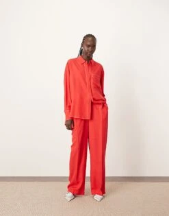 ARRANGE Oversized Contrast Stitch Shirt And Trouser Co-ord In Red 8 ARRANGE Oversized Contrast Stitch Shirt And Trouser Co-ord In Red -ARANG Clothing Shop 207066699 1 red