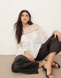 ARRANGE Lace Detail Blouson Sleeve Top With Drawstring Detail In White For Women -ARANG Clothing Shop 207123457 1 white 1