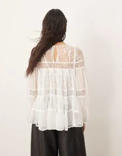 ARRANGE Lace Detail Blouson Sleeve Top With Drawstring Detail In White For Women -ARANG Clothing Shop 207123457 3