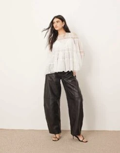 ARRANGE Lace Detail Blouson Sleeve Top With Drawstring Detail In White For Women -ARANG Clothing Shop 207123457 4