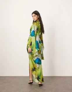 ARRANGE Satin Extreme Sleeve Maxi Dress With Ruching In Ink Floral Print For Women -ARANG Clothing Shop 207138405 2