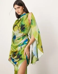 ARRANGE Satin Extreme Sleeve Maxi Dress With Ruching In Ink Floral Print For Women -ARANG Clothing Shop 207138405 3