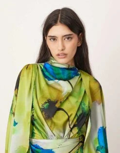 ARRANGE Satin Extreme Sleeve Maxi Dress With Ruching In Ink Floral Print For Women -ARANG Clothing Shop 207138405 4