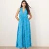 ARRANGE Textured Laser Cut Halterneck Trapeze Maxi Dress In Blue For Women -ARANG Clothing Shop 207138435 1 blue