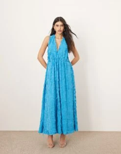 ARRANGE Textured Laser Cut Halterneck Trapeze Maxi Dress In Blue For Women