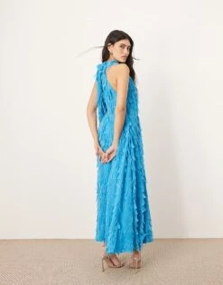 ARRANGE Textured Laser Cut Halterneck Trapeze Maxi Dress In Blue For Women -ARANG Clothing Shop 207138435 3