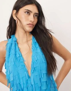 ARRANGE Textured Laser Cut Halterneck Trapeze Maxi Dress In Blue For Women -ARANG Clothing Shop 207138435 4