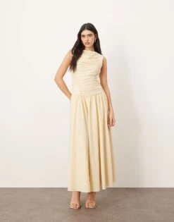 ARRANGE Poplin Ruched Detail Drop Waist Midi Dress In Buttermilk For Women -ARANG Clothing Shop 207138450 1 buttermilk 1